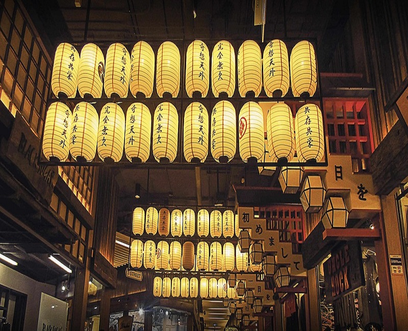 Japanese lanterns hanging from the ceiling